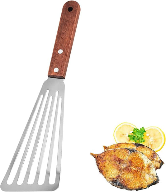 Stainless Steel Fish Spatula with Wooden Handle, Metal Spatula Flipping Foods, Slotted Fish Flipper, Brown 1 Pack