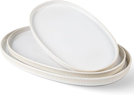 theterra Ceramic Serving Platter, 15.6"/14.4"/12.2" Oval Serving Dishes for Entertaining, Oven Safe, Microwave Safe, Serving Plates Set of 3 for Wedding, Party, Turkey, Reactive White