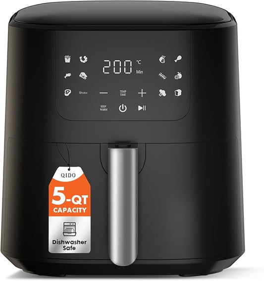 QIDO Air Fryer – 5 QT Compact Airfryer for Quick & Easy Meals in Minutes, 180°- 450°F Precision Heating, Touchscreen Controls with Auto Menus, Nonstick & Dishwasher Safe Basket - Black