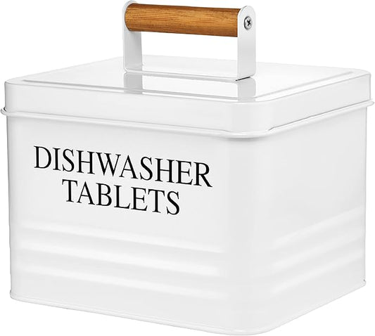 Calindiana Modern Farmhouse Metal Dishwasher Pods Container Holder with Lid for Kitchen Organization and Storage, Kitchen Essentials Decor Accessories, White