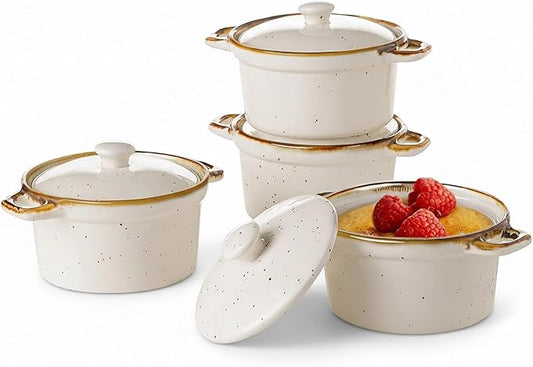 ONEMORE Ramekins with Lids, 6 oz Oven Safe Ceramic Mini Casserole Dish with Lid & Brown Rim for French Onion Soup, Speckled Mini Dutch Oven Cocotte Set of 4 for Individual Serving, Creamy White
