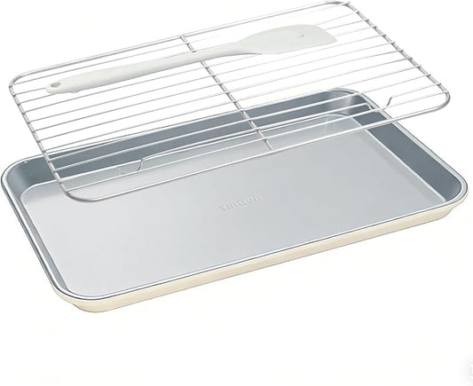7PCS Ceramic-Coated Baking Sheet Set - 10x15in Jelly Roll Pan Non-Stick Cookie Sheet with Wire Rack, Silicone Spatula & 4 Cookie Cutters, PFAS Free, Oven Safe (550°F), Sunshine Cream