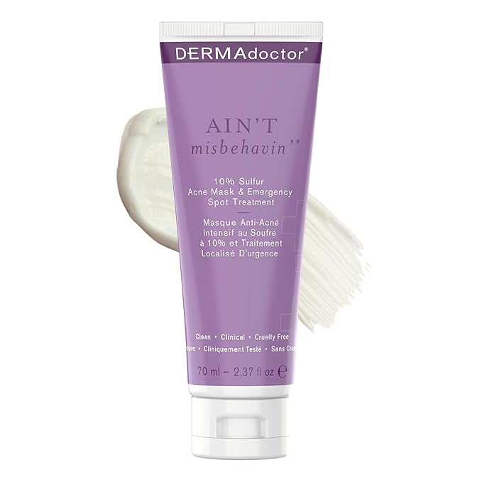 DERMAdoctor Sulfur Acne Treatment - Clay Mask & Acne Spot Treatment | Face Mask Blackhead Remover - Bentonite Clay Detox | Non-Irritating Non-Drying Calming & Soothing with Natural Exfoliants - 2.3 Oz