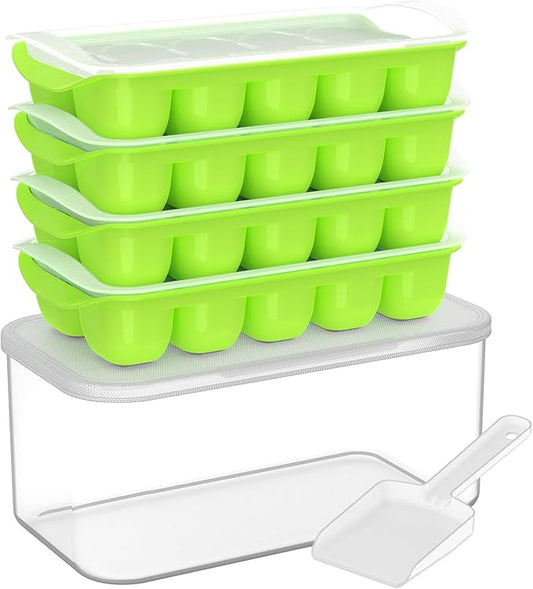 DOQAUS Ice Cube Tray with Lid and Bin - 4 Pack Ice Bucket Kits, Stackable Silicone Ice Trays for Freezer, Easy Pop Out, BPA Free for Cocktail, Coffee, Soup, Food, RV, Kitchen