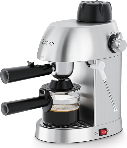 Queyd 3.5 Bar 4 Cup Espresso Cappuccino Machine, Stainless Steel Espresso Machine, Compact Expresso Machines for Home, Latte and Cappuccino Machine with Milk Frother, Dual Safety Switches, 800W
