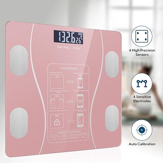 Smart Body Fat Scale with Led Display - Digital Bathroom Scale with Bluetooth, Accurate Body Composition Measurement, Muscle Mass, BMI, and Body Water Analysis - Pink