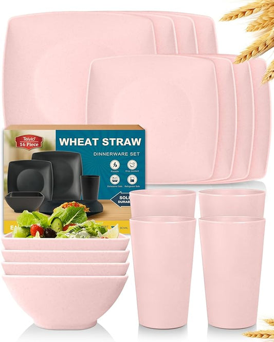 Teivio 16-piece Plastic Wheat Straw Square Dinnerware Set for 4, Unbreakable Dinner Plates, Salad Plates, Snack Bowls, Tumblers 13.5 oz, Dishwasher Safe, Kitchen Dinning RV Essentials, Pink