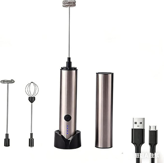Handheld Electric Milk Frother, 3 Speed Stainless Steel Foam Maker, USB Rechargeable with Charging Base, 2 Whisks, LED Battery Indicator - for Coffee, Latte, Cappuccino, Hot Chocolate