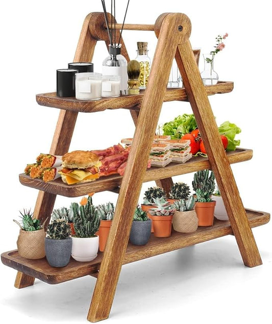 Manspdier Wood 3 Tier Serving Tray Three Tiered Cupcake Stand, Rectangle Serving Platter Wooden Farmhouse Tiered Tray, Party Serving Brown Decorative Tray Decor