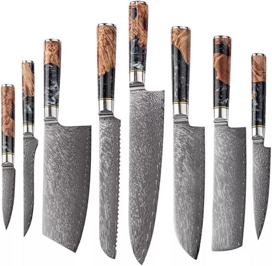 Epicurean Cook Tidal Collection 8 PCS Damascus Knife Set Japanese Kitchen Knives with VG10 Steel Core Ultra-Sharp Professional Chef Knife Set with Elegant Box and Black Resin and Burl Wood Handles