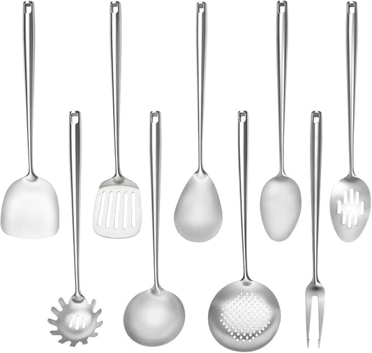 18/10 Stainless Steel Kitchen Utensils Set,9 Pcs Professional All Metal Cooking Utensils Set with Wok Spatula,Soup Ladle,Skimmer,Slotted Spatula Turner,Spaghetti Spoon,Large Spoon(Dishwasher Safe)