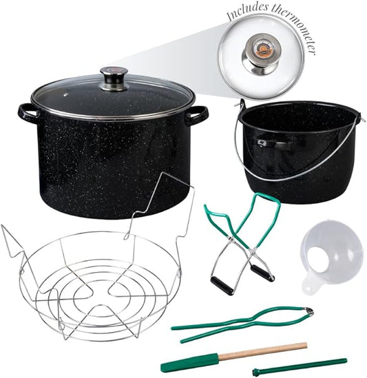 Granite Ware 21.5 Qt Heavy Gauge - 9 Piece water bath canning pot (Speckled Black) with canning toolset, rack and preserving kettle.