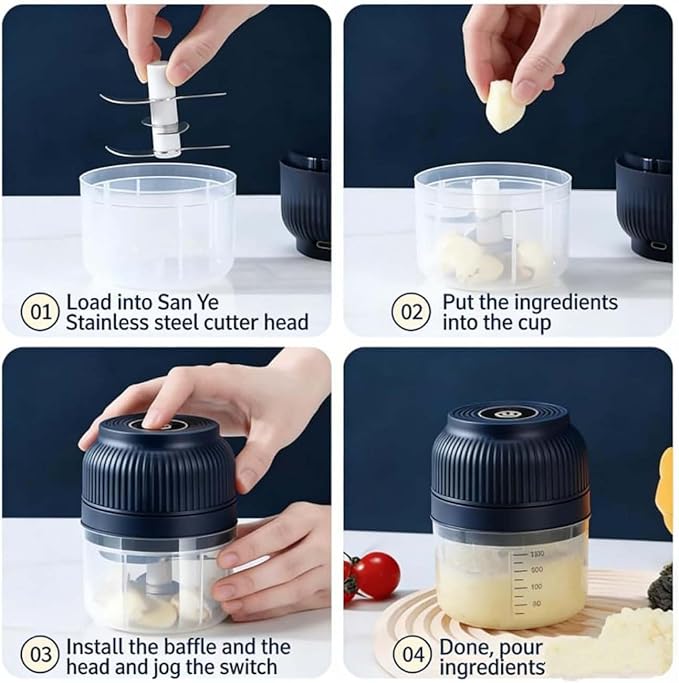 Electric Garlic Chopper, Mini Portable Veggie Cutter with 4/6 Stainless Steel Blades, Portable Wireless Rechargeable Mini Electric Garlic Food Chopper for Garlic, Onion, Chili, Nuts (Blue,250ML)