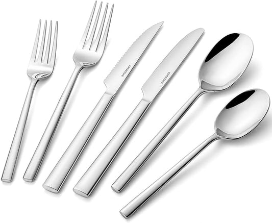KINGSTONE Silverware Set with Steak Knives, 48-Piece Forged Flatware Set Cutlery Set Premium Stainless Steel, Service for 8, for Kitchen, Home, Wedding, Party, Mirror Polished and Dishwasher Safe