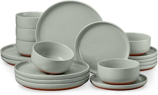 E-far 18-Piece Stoneware Dinnerware Sets, Plates and Bowls Sets for 6, Ceramic Dishware Dishes Set with Terracotta Base, Chip & Scratch Resistant, Microwave & Dishwasher Safe, Speckled Green