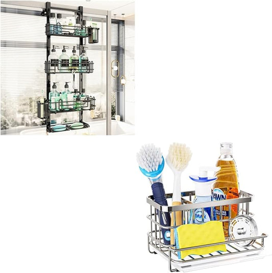 HapiRm 4 Tier Over the Door Shower Caddy + Multifunctional Kitchen Sink Caddy with Drain Tray - Black, Silver