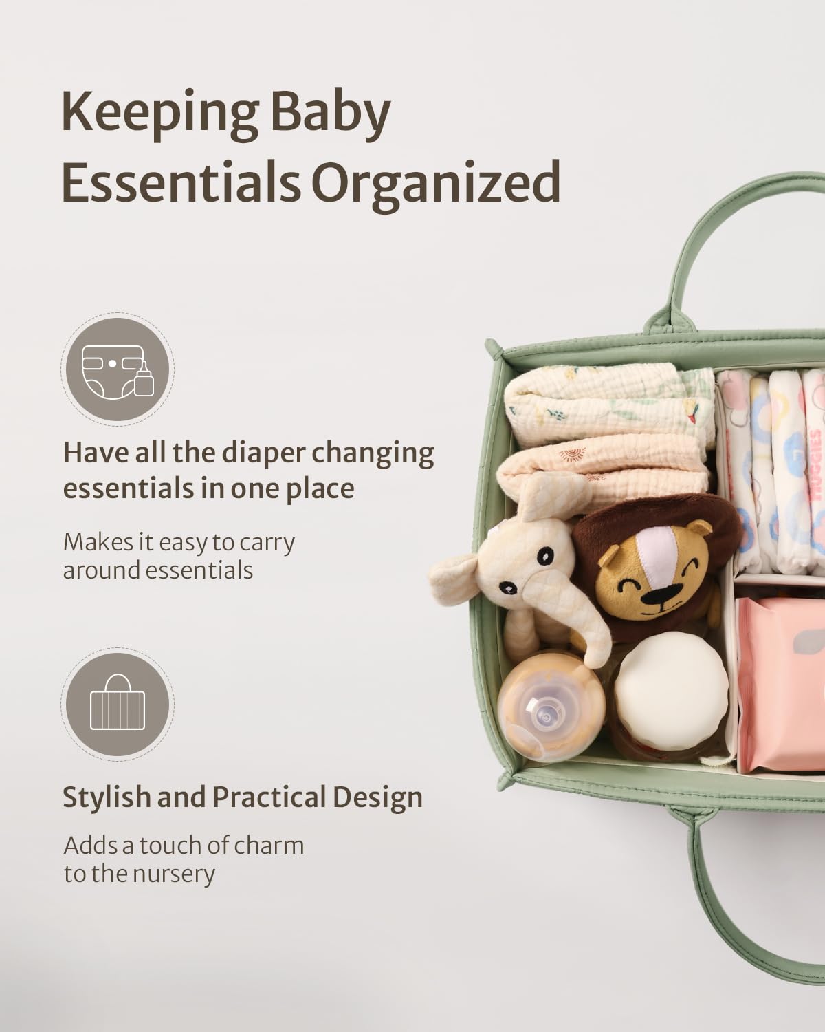 Blissful Diary Baby Diaper Caddy Organizer, Stylish Storage Basket for Newborn Essentials and Diaper Station, Gift for Baby Shower and Registry Must-Have, Sage Green