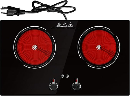4000W Electric Cooktop: 24" Electric Stove 2 Burner Hot Plate Double Burner, Knob Control Countertop & Built-in, 9 Power Levels, Child Lock, Timer, Suitable for All Pans
