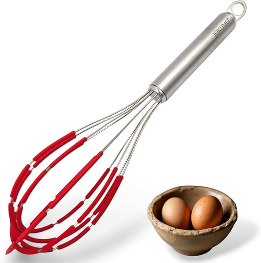 Balloon Silicone Egg Whisk with Spatula Scraper Wires, 18/10 Stainless Steel, Non-Stick Pan Safe, Ergonomic Tube Handle Perfect for Blending, Whisking, Beating and Stirring, 11 inch (Red)