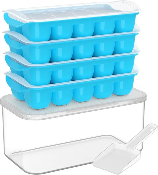 DOQAUS Ice Cube Tray with Lid and Bin - 4 Pack Ice Bucket Kits, Stackable Silicone Ice Trays for Freezer, Easy Pop Out, BPA Free for Cocktail, Coffee, Soup, Food, RV, Kitchen