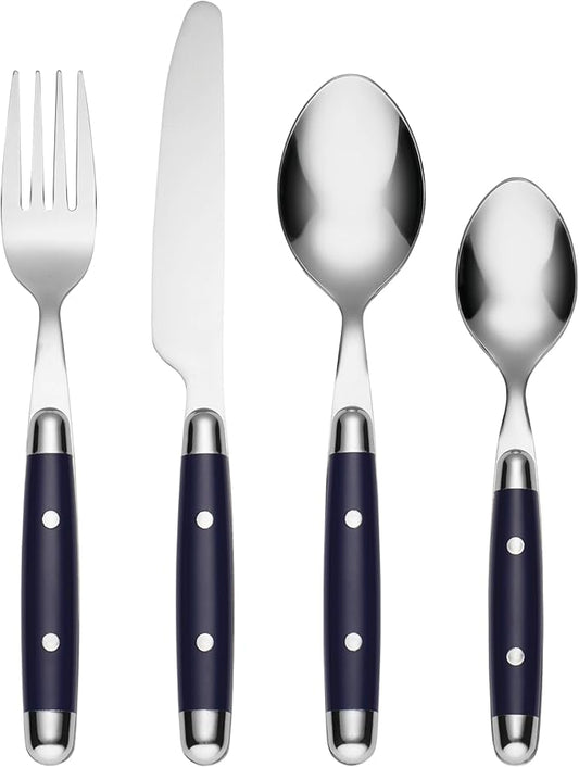 Cambridge Silverware Set, Jubilee Blue 16-Piece Flatware Set, Service For 4, 18/0 Stainless Steel, Knives Spoons And Forks Sets, Dishwasher Safe, Home And Kitchen Utensils (Black/Silver, 16 Piece)