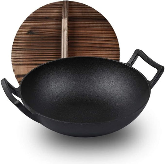 Cast Iron Wok Pan, No Chemical Flat Bottom Stir Fry Pan with 2 Handled and Wooden Lid for Electric, Induction & Gas Stoves-36cm in Diameter