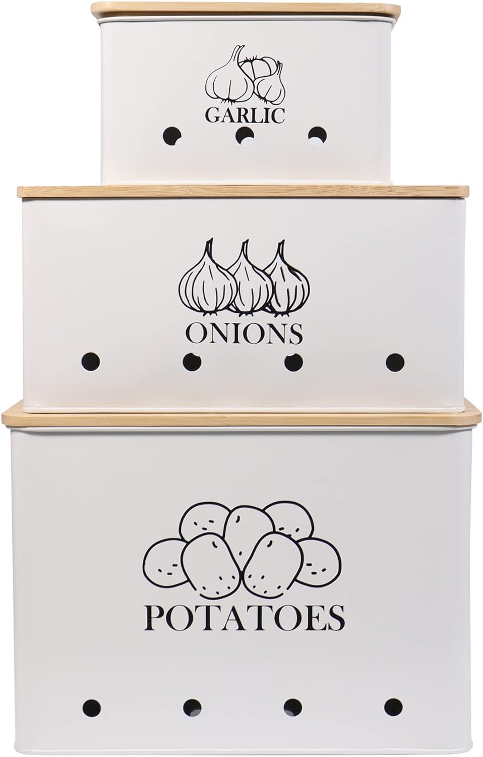 Kitchen Vegetable Storage Tins Set of 3 for Potato Onion & Garlic with Wooden Lid, Kitchen Storage Canisters Set, Long Shelf Life - White