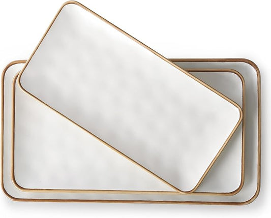 Ceramic Rectangle Serving Platter with Brown Rim: 15.6/14.1/12.6 Inch Large Serving Dishes for Entertaining Party, Sushi, Turkey, Cheese, Snack and Dessert, Microwave Dishwasher Safe