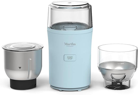 Martha Stewart Electric Coffee & Spice Grinder, Dual 2.5oz Removable Bowls, Storage Lids, Stainless Steel Blades, One Touch Pulse Control, 2-in-1 Compact, Beans & Spices, Herbs & Nuts, Sky Blue