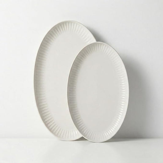 Serving Dishes, 12/14", Durable Ceramic Platters, Ribbed Rim, Oval, Microwave and Dishwasher Safe, Medium/Small, Set of 2, Powder White, Tidal Collection