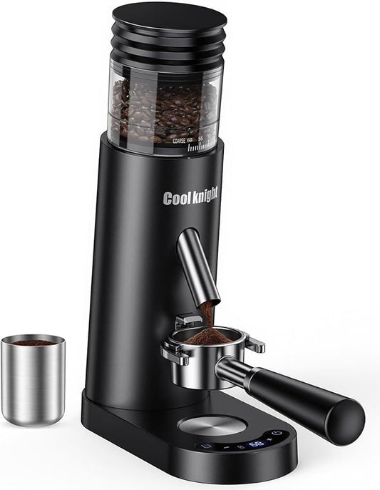COOL KNIGHT Rechargeable Conical Burr Coffee Grinder, 60 Grind Settings & 5–98 Level Timer, Espresso Grinder with Bellows Hopper and Portafilter Holder, Easy to Clean