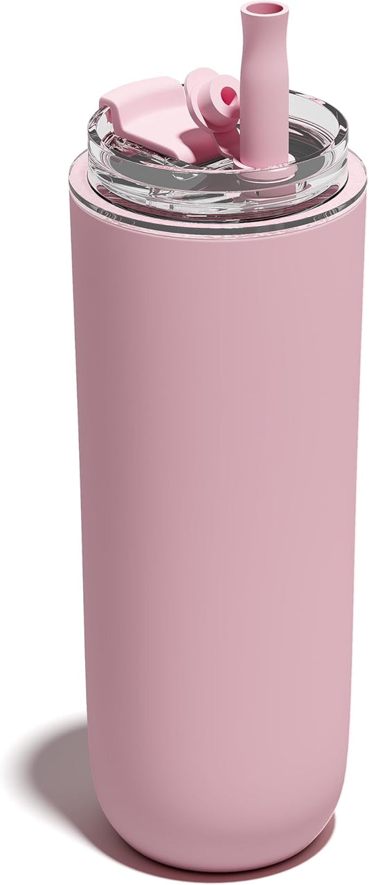 16 oz Insulated Coffee Tumblers, Travel Coffee Tumblers with Straw, Double-Wall Stainless Steel Tumbler, Leak Proof Tumbler, Reusable Cups with Lids for lced and Hot Drinks (Pink)