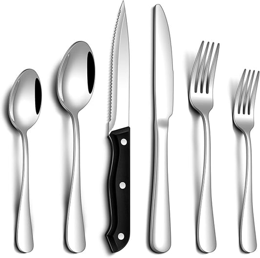 PHILIPALA 24 Pcs Silverware Set with Steak Knives Food-Grade Stainless Steel Flatware Set for 4 Mirror Cutlery Include Forks Spoons and Knives Set Dishwasher Safe Utensil Sets for Home Restaurant