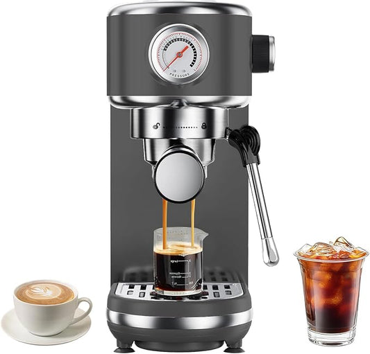 atatix 20 Bar Espresso Machine with Milk Frother, Compact Espresso Maker, Stainless Steel Coffee Machine with Precise Temp Control & 44oz Removable Water Tank for Latte, Cappuccino, Dark Grey