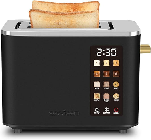 SEEDEEM Toaster 2 Slice, Touch Control Screen, Smart Stainless Toaster, 6 Shade Setting, 6 Bread Selection, Countdown, Removable Crumb Tray, 900W, Matte Black