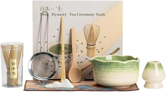 Matcha Set 7-Piece Tea Set with Brush, Bowl, Whisk, Strainer, Chasen, for Matcha Tea Ceremony （Gradient Green）