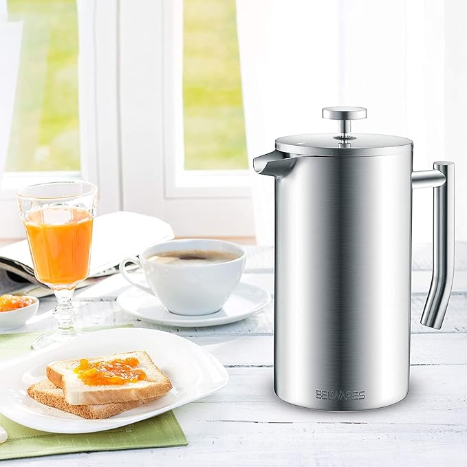 Belwares French Press Coffee Maker 34oz - 304 Stainless Steel Insulated Coffee Press, Double-Wall Heat Resistant Design with 4-Level Filtration System, Rust-Free & Dishwasher Safe (1.5 Liter), Silver