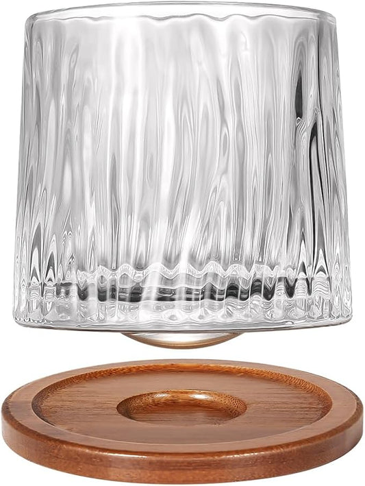 Rotatable Old Fashioned Glass Cup, 10oz/275ml Crystal Whiskey Glass, Wood Coaster, Thickening, Used as Rum Glass, Cocktail Cup, Coffee, Milk to Relax and Reduce Stress, Ideal Gift, Christmas gifts