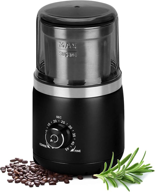 LAOION Electric Coffee Grinder with Silent Grinding Blades & Timer Knob to Adjustable Coarse to Fine, Espresso Grinder with Removable Stainless Steel Bowl for Coffee Bean, Herb, Spices, Seeds (Black)