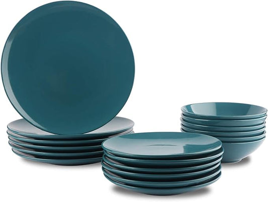 Amazon Basics 18-Piece Stoneware Dinnerware Set, Service for 6, Microwave and Dishwasher Safe, Plates and Bowls, Deep Teal