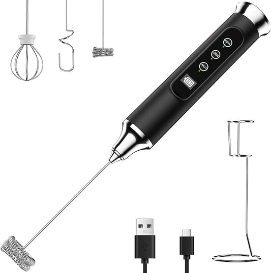 YUSWKO Black Milk Frother Wand for Coffee with Stand, Handheld Coffee Frother, Rechargeable Drink Mixer, Waterproof Electric Whisk