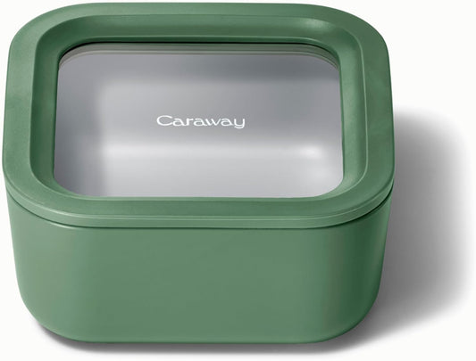 Caraway Glass Food Storage - 4.4 Cup Glass Container - Ceramic Coated Food Container - Non Toxic, Non Stick Lunch Box Container with Lids. Dishwasher, Oven, & Microwave Safe - Sage
