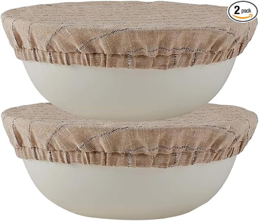100% Pure Linen Bowl Covers For Bread Proofing, 2 Pcs 8 Inches Elastic Reusable Bowl Covers Large Ticking Striped Cloth Fabric Stretch Sourdough Lids
