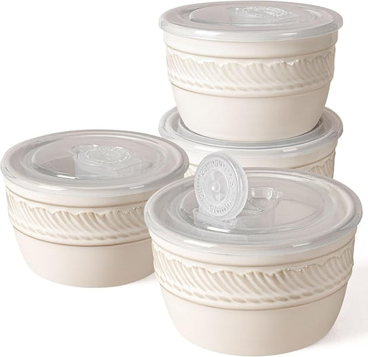 Artena Ramekins with Lids, Creme Brulee Ramekins Oven Safe, Ceramic Pudding Cups, Souffle Cups, Custard Cups, Dipping Sauce Cups, Food Storage Containers with Lids, Set of 4 (Willow Leaf, 8 oz)