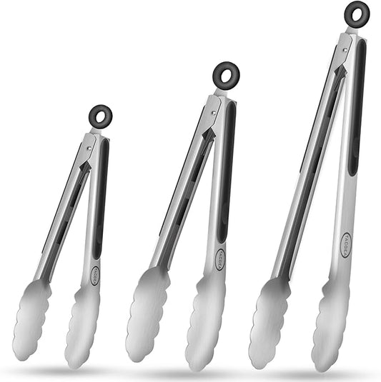 TACGEA Stainless Steel Kitchen Tongs, Silicone Non-slip Grip, Locking Grilling Food Tongs Set of 3-7inch, 9inch and 12inch