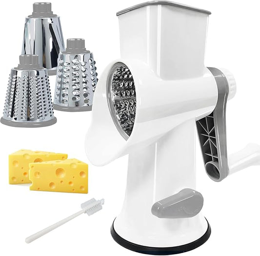 Cheese Grater MultiFunction Rotary Cheese Grater Hand Crank – Cheese Shredder Effortlessly Shred,Slice,Chop.Applicable to Cheese, Vegetables,Fruits,Nuts,Non-Slip Suction Base,Easy to Clean (white)