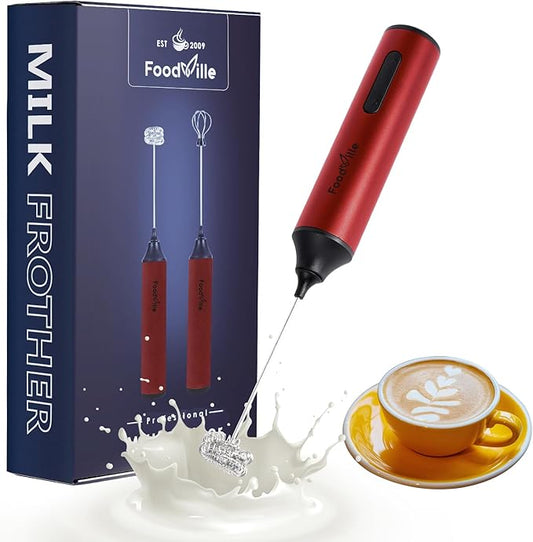 FoodVille MF05 Rechargeable Milk Frother USB Charging Handheld Foam Maker with Stainless Balloon Whisk for Cappuccino, Latte, Bulletproof Coffee, Keto Diet, Protein Powder, Matcha (Red)