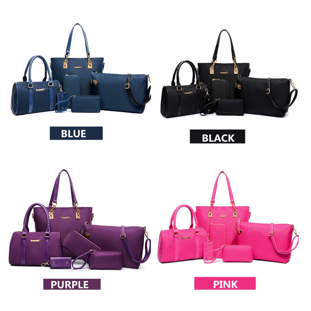 AlwaySky Women Shoulder Bag 6 PCS Top-Handle Handbag Tote Purse Wallet Key Case Set (Black)