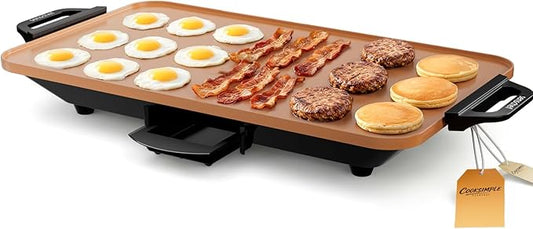 CookSimple Everyday 20"x12" Electric Griddle–1700W Nonstick PPG Ceramic Surface, Large Flat Design, Perfect for Family Meals, Pancakes&Eggs, Fast Even Heating, Easy to Clean, Ceramic Copper