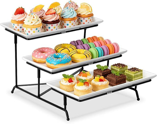 Yedio 3 Tier Serving Trays for Party, Porcelain Serving Platters and Trays, 12 Inch Tiered Tray Stand, Fruit Tray, Trays for Serving Food, White Dessert Stand with Collapsible Sturdier Metal Rack
